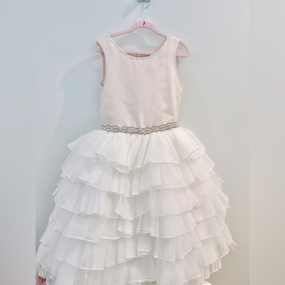 Chantilly Place Satin/Mesh Tiered Cascade Jeweled-Waist Tea Length Dress